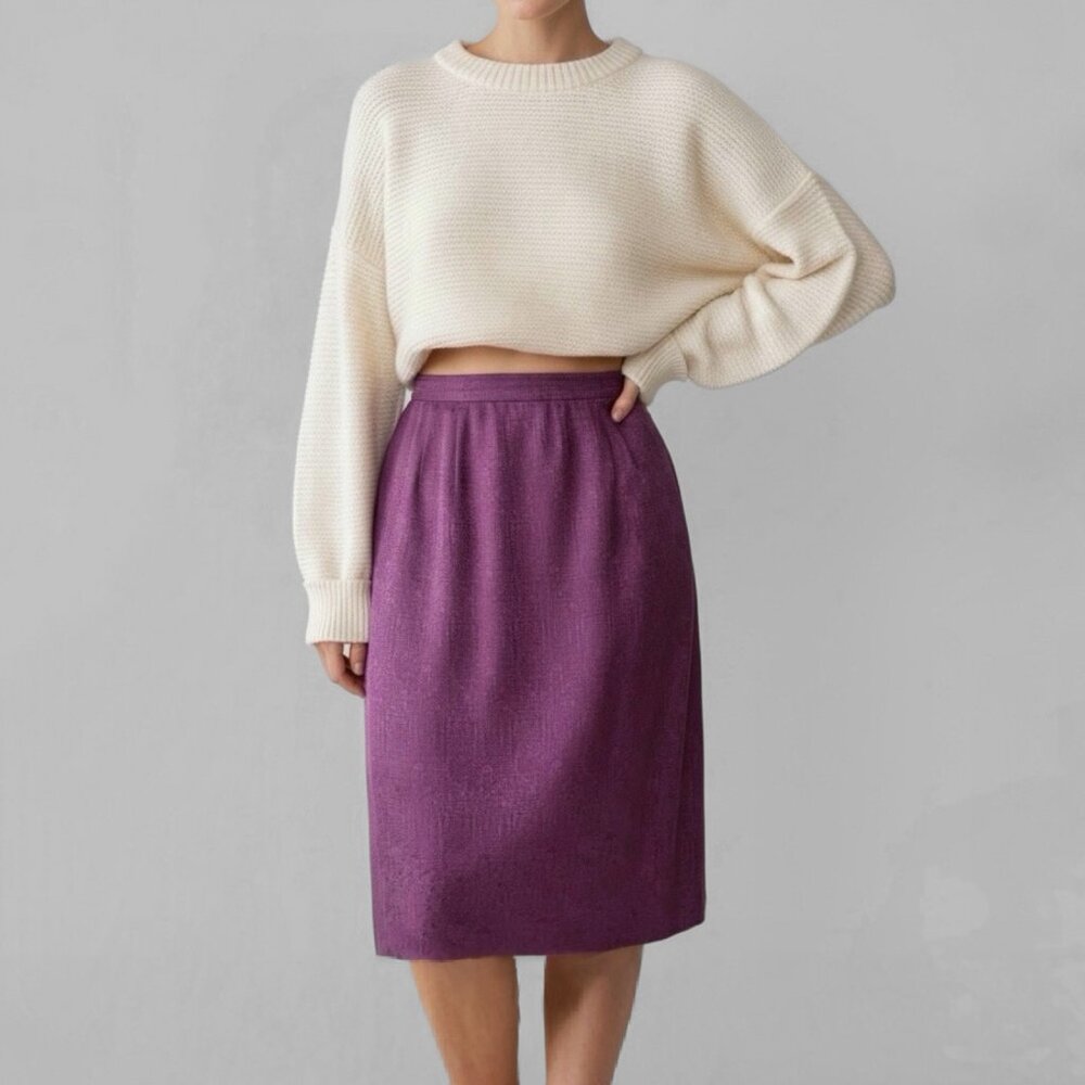 Vintage 100% Silk High Waist Pencil Skirt Midi 8P Jacquard Satin Purple Preppy